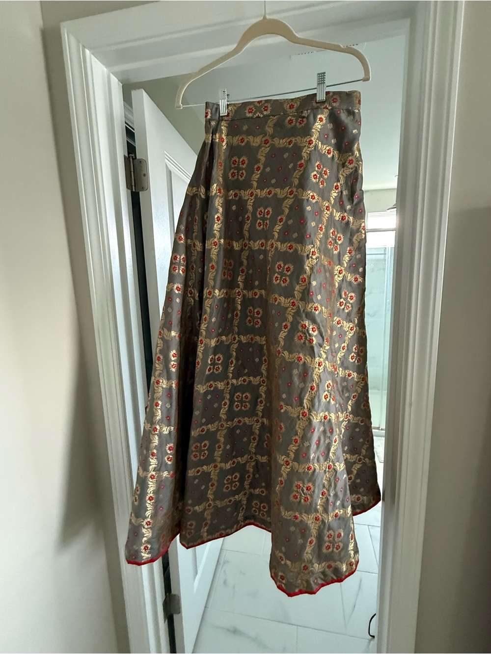 Embroidered Metallic A-Line Maxi Skirt - Gray with Gold & Red Accents